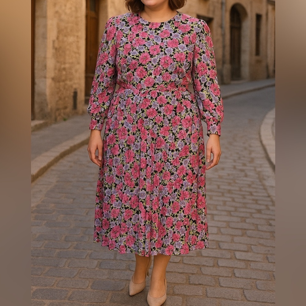 Vintage 80s 90s V.L.P Plus Floral Midi Dress 20 USA ILGWU Pleated Shoulder Pads